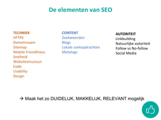 De elementen van SEO
TECHNIEK
HTTPS
Domeinnaam
Sitemap
Mobile Friendliness
Snelheid
Websitestructuur
Code
Usability
Design
CONTENT
Zoekwoorden
Blogs
Lokale zoekopdrachten
Metatags
AUTORITEIT
Linkbuilding
Natuurlijke autoriteit
Follow vs No-follow
Social Media
 Maak het zo DUIDELIJK, MAKKELIJK, RELEVANT mogelijk
 