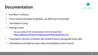 
AsciiDoc (+ Antora)

Trick: convert AsciiDoc to gettext, use WebLate to translate

Translation is easy

Testing is easy
–
Try our prebuilt VM and container with the toolchain
https://github.com/uyuni-project/uyuni-docs-toolchain-vm

Translation memory is almost non-existent due to paragraph-level split

Translations comitted to uyuni-docs immediately (max 2 hours)
Documentation
16
 