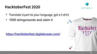 
Translate Uyuni to your language, get a t-shirt

1000 strings/words and claim it
https://hacktoberfest.digitalocean.com/
HacktoberFest 2020
18
 
