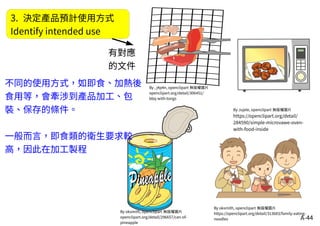 A-44
3. 決定產品預計使用方式
Identify intended use
By Jujele, openclipart 無版權圖片
https://openclipart.org/detail/
284590/simple-microvawe-oven-
with-food-inside
By oksmith, openclipart 無版權圖片
https://openclipart.org/detail/313683/family-eating-
noodles
By oksmith, openclipart 無版權圖片
openclipart.org/detail/296657/can-of-
pineapple
By , j4p4n, openclipart 無版權圖片
openclipart.org/detail/306451/
bbq-with-tongs
不同的使用方式，如即食、加熱後
食用等，會牽涉到產品加工、包
裝、保存的條件。
一般而言，即食類的衛生要求較
高，因此在加工製程
有對應
的文件
 