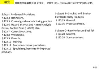 A-66
補充
Subpart A—General Provisions
§123.3 Definitions.
§123.5 Current good manufacturing practice.
§123.6 Hazard analysis and Hazard Analysis
Critical Control Point (HACCP) plan.
§123.7 Corrective actions.
§123.8 Verification.
§123.9 Records.
§123.10 Training.
§123.11 Sanitation control procedures.
§123.12 Special requirements for imported
products.
美國食品與藥物法規 CFR 21 PART 123—FISH AND FISHERY PRODUCTS
Subpart B—Smoked and Smoke-
Flavored Fishery Products
§123.15 General.
§123.16 Process controls.
Subpart C—Raw Molluscan Shellfish
§123.20 General.
§123.28 Source controls.
 