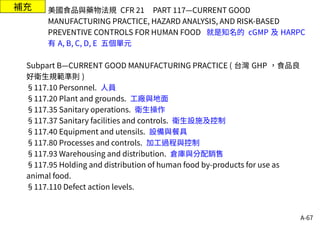 A-67
補充 美國食品與藥物法規 CFR 21 PART 117—CURRENT GOOD
MANUFACTURING PRACTICE, HAZARD ANALYSIS, AND RISK-BASED
PREVENTIVE CONTROLS FOR HUMAN FOOD 就是知名的 cGMP 及 HARPC
有 A, B, C, D, E 五個單元
Subpart B—CURRENT GOOD MANUFACTURING PRACTICE ( 台灣 GHP ，食品良
好衛生規範準則 )
§117.10 Personnel. 人員
§117.20 Plant and grounds. 工廠與地面
§117.35 Sanitary operations. 衛生操作
§117.37 Sanitary facilities and controls. 衛生設施及控制
§117.40 Equipment and utensils. 設備與餐具
§117.80 Processes and controls. 加工過程與控制
§117.93 Warehousing and distribution. 倉庫與分配銷售
§117.95 Holding and distribution of human food by-products for use as
animal food.
§117.110 Defect action levels.
 
