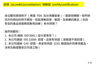 A-16
各位聽完兩個例子 ( 美國 FDA 及台灣農委會 ) ，還是很模糊，我們用
另外的相似的例子解說，就能理解認證、驗證，及後續的產品 ( 包括
有型的產品與服務或教育訓練 ) 有何保障？
我們常聽到：
1. 本公司 通過 ISO 9001 ( 這什麼意思？ )
2. 本公司通過 ISO 22000 認證，品質有保證 ( 是驗證不是認證 )
3. 本公司通過 CAS 認證，食安有保證 (CAS 驗證指針對單項產品，
沒有在驗證整家公司或工廠 )
認證 (accredit/accreditation) 與驗證 (certify/certification)
 