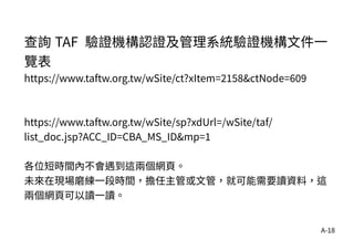 A-18
查詢 TAF 驗證機構認證及管理系統驗證機構文件一
覽表
https://www.taftw.org.tw/wSite/ct?xItem=2158&ctNode=609
https://www.taftw.org.tw/wSite/sp?xdUrl=/wSite/taf/
list_doc.jsp?ACC_ID=CBA_MS_ID&mp=1
各位短時間內不會遇到這兩個網頁。
未來在現場磨練一段時間，擔任主管或文管，就可能需要讀資料，這
兩個網頁可以讀一讀。
 