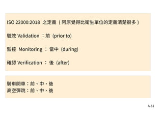 A-61
ISO 22000:2018 之定義 ( 阿原覺得比衛生單位的定義清楚很多 )
驗效 Validation ：前 (prior to)
監控 Monitoring ： 當中 (during)
確認 Verification ： 後 (after)
騎車開車：前、中、後
高空彈跳：前、中、後
 