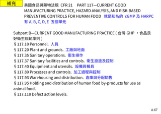 A-67
補充 美國食品與藥物法規 CFR 21 PART 117—CURRENT GOOD
MANUFACTURING PRACTICE, HAZARD ANALYSIS, AND RISK-BASED
PREVENTIVE CONTROLS FOR HUMAN FOOD 就是知名的 cGMP 及 HARPC
有 A, B, C, D, E 五個單元
Subpart B—CURRENT GOOD MANUFACTURING PRACTICE ( 台灣 GHP ，食品良
好衛生規範準則 )
§117.10 Personnel. 人員
§117.20 Plant and grounds. 工廠與地面
§117.35 Sanitary operations. 衛生操作
§117.37 Sanitary facilities and controls. 衛生設施及控制
§117.40 Equipment and utensils. 設備與餐具
§117.80 Processes and controls. 加工過程與控制
§117.93 Warehousing and distribution. 倉庫與分配銷售
§117.95 Holding and distribution of human food by-products for use as
animal food.
§117.110 Defect action levels.
 