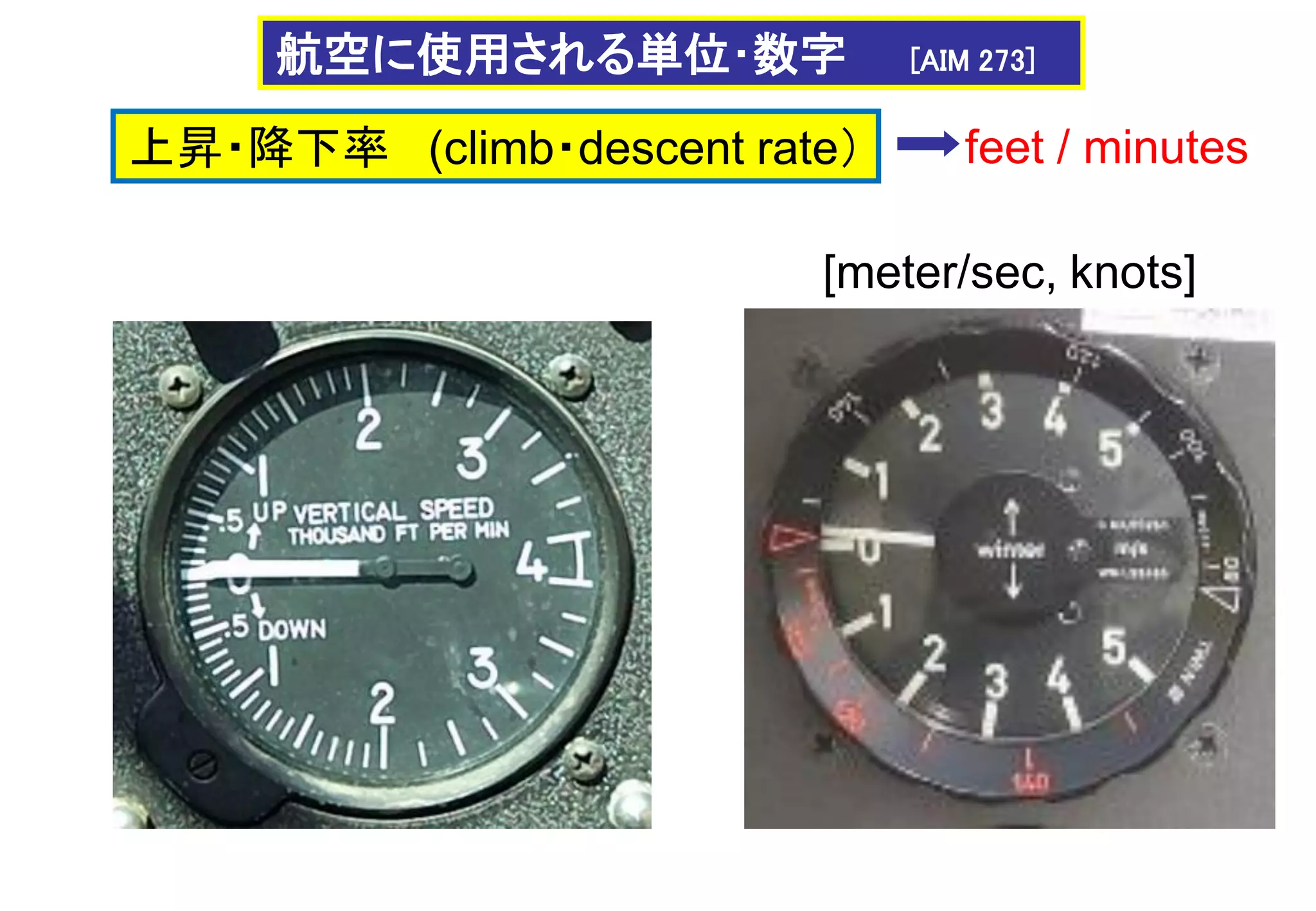 上昇・降下率 (climb・descent rate）
航空に使用される単位･数字 [AIM 273]
[meter/sec, knots]
feet / minutes
 