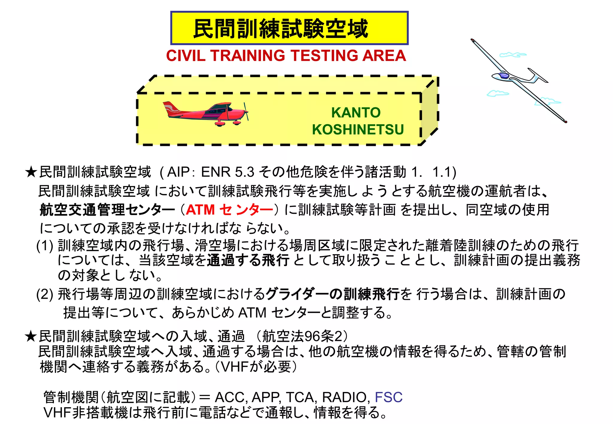 ★民間訓練試験空域 ( AIP： ENR 5.3 その他危険を伴う諸活動 1. 1.1)
民間訓練試験空域 において訓練試験飛行等を実施し よ う とする航空機の運航者は、
航空交通管理センター （ATM セ ンター） に訓練試験等計画 を提出し、 同空域の使用
についての承認を受けなければな らない。
CIVIL TRAINING TESTING AREA
民間訓練試験空域
KANTO
KOSHINETSU
(1) 訓練空域内の飛行場、滑空場における場周区域に限定された離着陸訓練のための飛行
については、 当該空域を通過する飛行 と して取り扱う こ と と し、 訓練計画の提出義務
の対象と し ない。
(2) 飛行場等周辺の訓練空域におけるグライダーの訓練飛行を 行う場合は、 訓練計画の
提出等について、 あらかじめ ATM センターと調整する。
★民間訓練試験空域への入域、通過 （航空法96条2）
民間訓練試験空域へ入域、通過する場合は、他の航空機の情報を得るため、管轄の管制
機関へ連絡する義務がある。（VHFが必要）
管制機関（航空図に記載）＝ ACC, APP, TCA, RADIO, FSC
VHF非搭載機は飛行前に電話などで通報し、情報を得る。
 