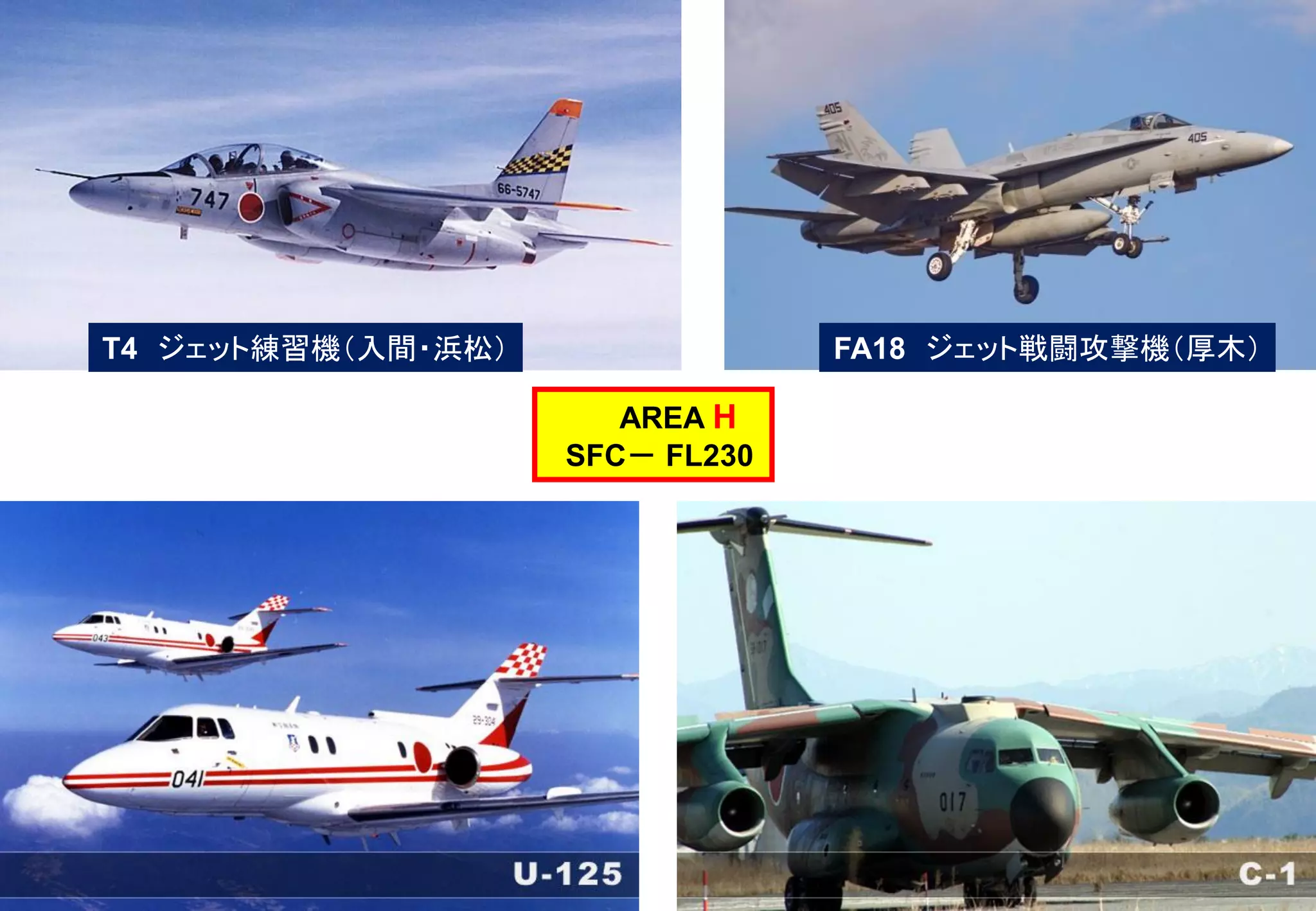 T4 ジェット練習機（入間・浜松） FA18 ジェット戦闘攻撃機（厚木）
AREA H
SFC－ FL230
 