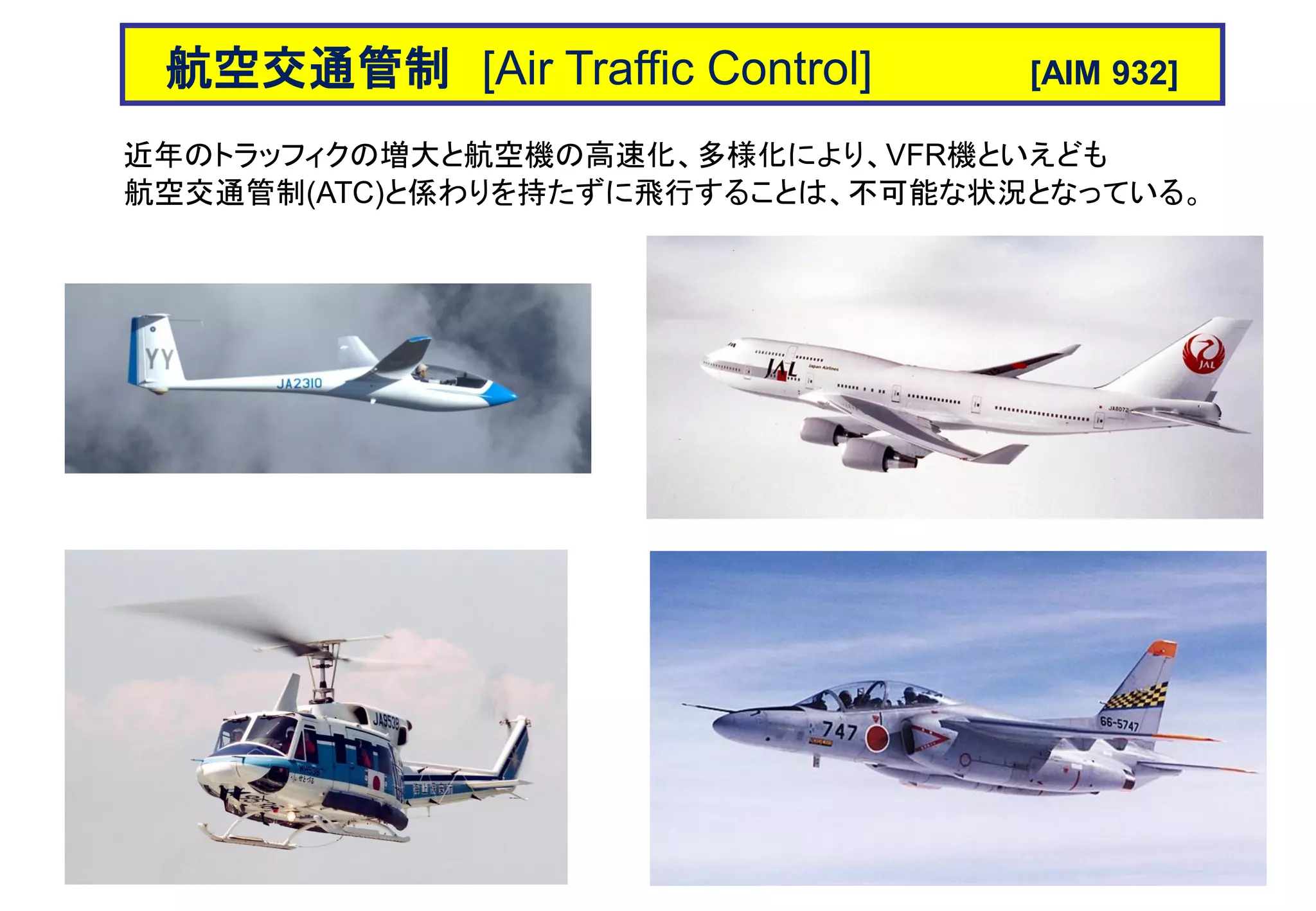 近年のトラッフィクの増大と航空機の高速化、多様化により、VFR機といえども
航空交通管制(ATC)と係わりを持たずに飛行することは、不可能な状況となっている。
航空交通管制 [Air Traffic Control] [AIM 932]
 