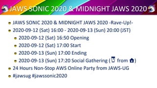 JAWS SONIC 2020 & MIDNIGHT JAWS 2020
JAWS SONIC 2020 & MIDNIGHT JAWS 2020 -Rave-Up!-
2020-09-12 (Sat) 16:00 - 2020-09-13 (...