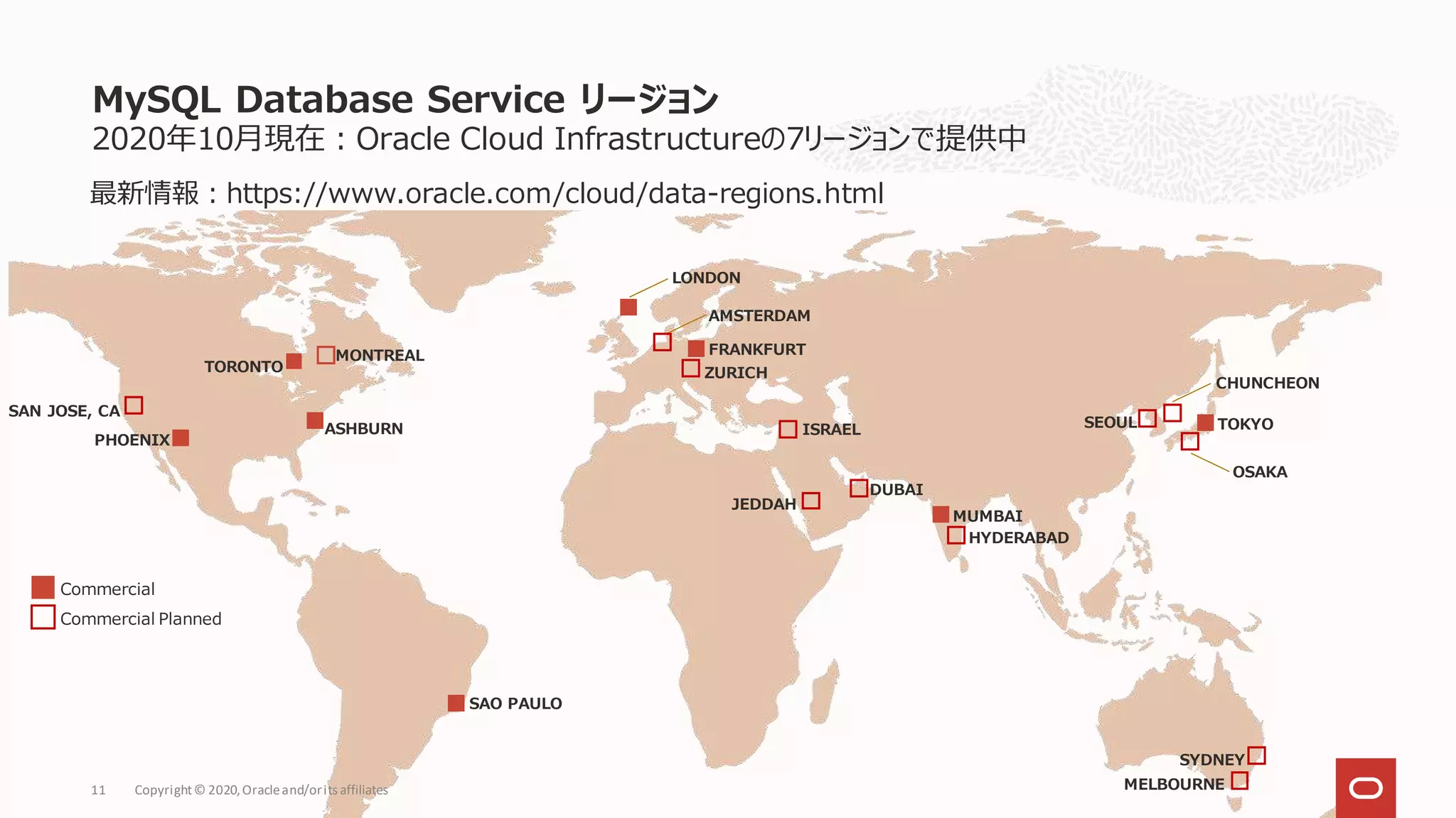 2020年10月現在：Oracle Cloud Infrastructureの7リージョンで提供中
MySQL Database Service リージョン
Copyright© 2020,Oracleand/orits affiliates
11
ASHBURN
PHOENIX
SYDNEY
TORONTO
TOKYO
SEOUL
MUMBAI
OSAKA
MELBOURNE
AMSTERDAM
HYDERABAD
JEDDAH
DUBAI
LONDON
SAN JOSE, CA
ISRAEL
FRANKFURT
ZURICH
MONTREAL
CHUNCHEON
SAO PAULO
Commercial
Commercial Planned
最新情報：https://www.oracle.com/cloud/data-regions.html
 