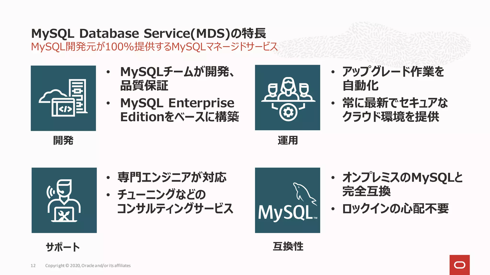 開発
MySQL開発元が100%提供するMySQLマネージドサービス
• MySQLチームが開発、
品質保証
• MySQL Enterprise
Editionをベースに構築
• アップグレード作業を
自動化
• 常に最新でセキュアな
クラウド環境を提供
• 専門エンジニアが対応
• チューニングなどの
コンサルティングサービス
• オンプレミスのMySQLと
完全互換
• ロックインの心配不要
MySQL Database Service(MDS)の特長
Copyright© 2020,Oracleand/orits affiliates
12
運用
サポート 互換性
 