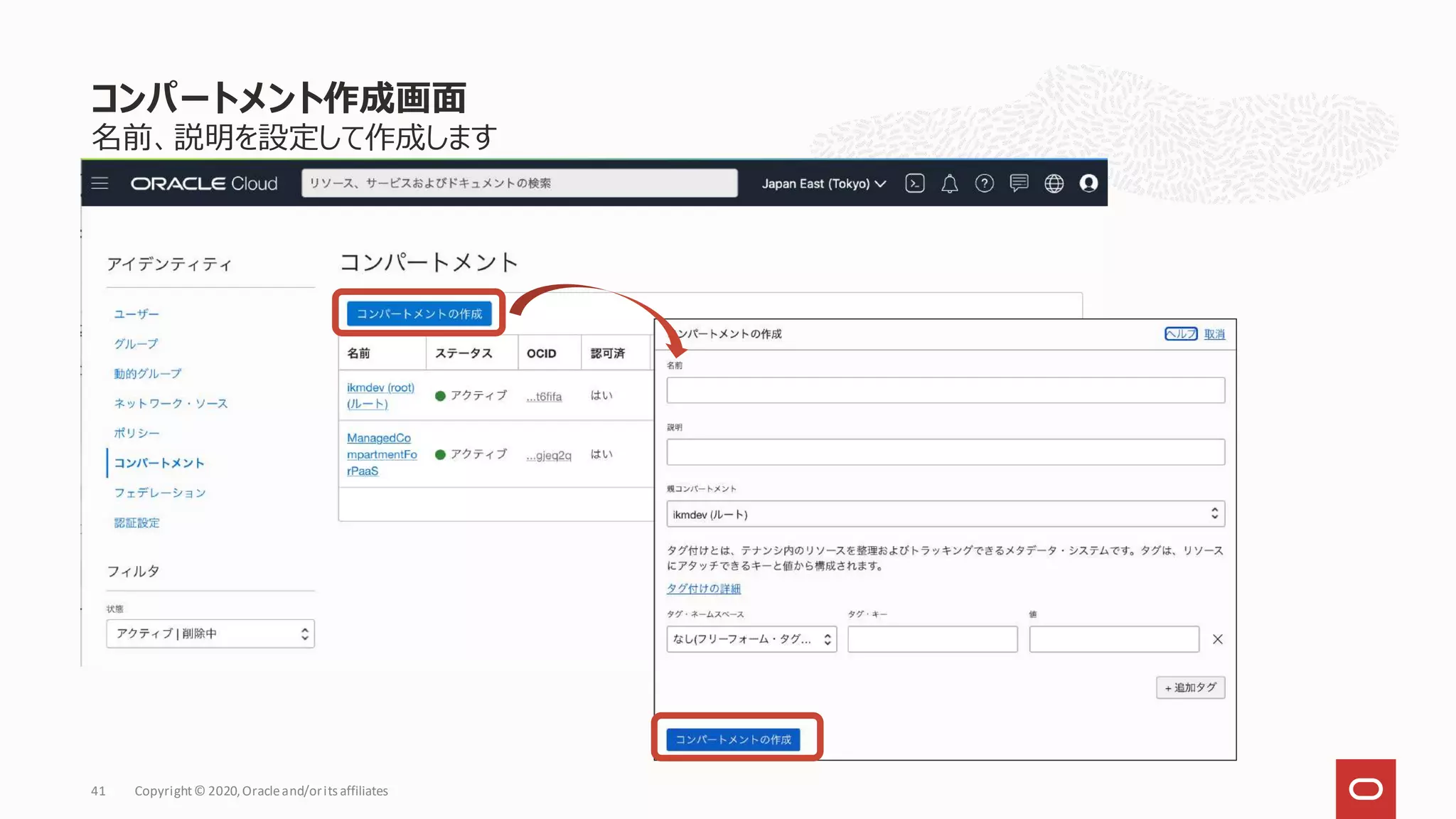 名前、説明を設定して作成します
コンパートメント作成画面
Copyright© 2020,Oracleand/orits affiliates
41
 