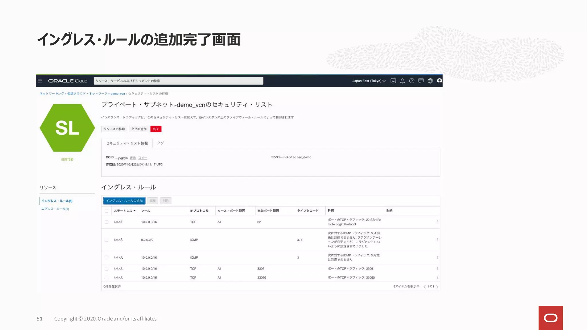 イングレス・ルールの追加完了画面
Copyright© 2020,Oracleand/orits affiliates
51
 