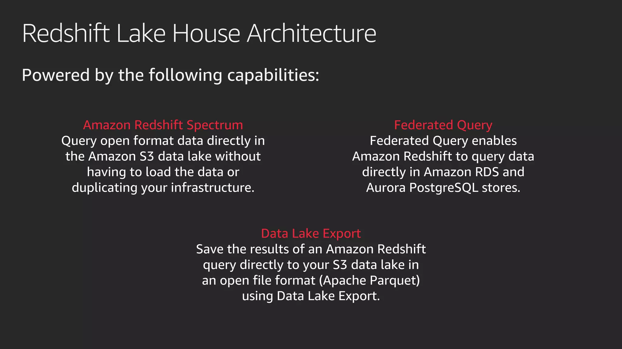 Redshift Lake House Architecture
Powered by the following capabilities:
Amazon Redshift Spectrum
Query open format data directly in
the Amazon S3 data lake without
having to load the data or
duplicating your infrastructure.
Data Lake Export
Save the results of an Amazon Redshift
query directly to your S3 data lake in
an open file format (Apache Parquet)
using Data Lake Export.
Federated Query
Federated Query enables
Amazon Redshift to query data
directly in Amazon RDS and
Aurora PostgreSQL stores.
 