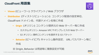 © 2020, Amazon Web Services, Inc. or its Affiliates. All rights reserved.
CloudFront ⽤語集
• Viewer (ビューワー): クライアント / Web ブラウザ
• Distribution (ディストリビューション): コンテンツ配信の設定単位、
CloudFront ドメイン名、代替ドメイン名毎に作成
• Origin (オリジン): コンテンツ提供元の Web サーバー毎に作成
• カスタムオリジン: Amazon VPC やオンプレミスの Web サーバー
• S3 オリジン: 静的コンテンツを提供する S3 バケット
• Behavior (ビヘイビア): キャッシュ動作設定、 URL パスパターン毎に
作成
※ Origin, Behavior は⽤途毎に複数設定が可能
 