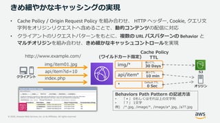 © 2020, Amazon Web Services, Inc. or its Affiliates. All rights reserved.
きめ細やかなキャッシングの実現
• Cache Policy / Origin Request Policy を組み合わせ、 HTTP ヘッダー, Cookie, クエリ⽂
字列をオリジンリクエストへ含めることで、動的コンテンツの配信に対応
• クライアントのリクエストパターンをもとに、複数の URL パスパターンの Behavior と
マルチオリジンを組み合わせ、きめ細かなキャッシュコントロールを実現
Behaviors Path Pattern の記述⽅法
• 「＊」 0もしくはそれ以上の⽂字列
• 「︖」 1⽂字
例) /*.jpg, /image/*, /image/a*.jpg, /a??.jpg
img/*
api/item*
*
Cache Policy
TTLhttp://www.example.com/
オリジン
クライアント
img/item01.jpg
api/item?id=10
index.php
最⼩TTL
30 Days
最⼩TTL
10 min
S3
Default TTL
0 Sec
(ワイルドカード指定)
 