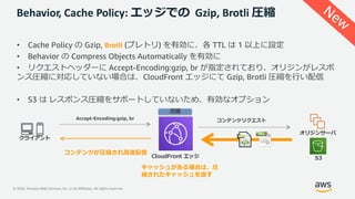 © 2020, Amazon Web Services, Inc. or its Affiliates. All rights reserved.
• Cache Policy の Gzip, Brotli (ブレトリ) を有効に、各 TTL は 1 以上に設定
• Behavior の Compress Objects Automatically を有効に
• リクエストヘッダーに Accept-Encoding:gzip, br が指定されており、オリジンがレスポ
ンス圧縮に対応していない場合は、CloudFront エッジにて Gzip, Brotli 圧縮を⾏い配信
• S3 は レスポンス圧縮をサポートしていないため、有効なオプション
Behavior, Cache Policy: エッジでの Gzip, Brotli 圧縮
CloudFront エッジ
圧縮
オリジンサーバ
Accept-Encoding:gzip, br
クライアント
コンテンツリクエスト
キャッシュがある場合は、圧
縮されたキャッシュを返す
S3
コンテンツが圧縮され⾼速配信
New
 
