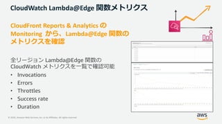 © 2020, Amazon Web Services, Inc. or its Affiliates. All rights reserved.
CloudWatch Lambda@Edge 関数メトリクス
CloudFront Reports & Analytics の
Monitoring から、Lambda@Edge 関数の
メトリクスを確認
全リージョン Lambda@Edge 関数の
CloudWatch メトリクスを⼀覧で確認可能
• Invocations
• Errors
• Throttles
• Success rate
• Duration
 