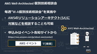 © 2020, Amazon Web Services, Inc. or its Affiliates. All rights reserved.
で[検索]AWS イベント
毎週”W-A個別技術相談会”を実施中
• AWSのソリューションアーキテクト(SA)に
対策などを相談することも可能
• 申込みはイベント告知サイトから
(https://aws.amazon.com/jp/about-aws/events/)
AWS Well-Architected 個別技術相談会
 