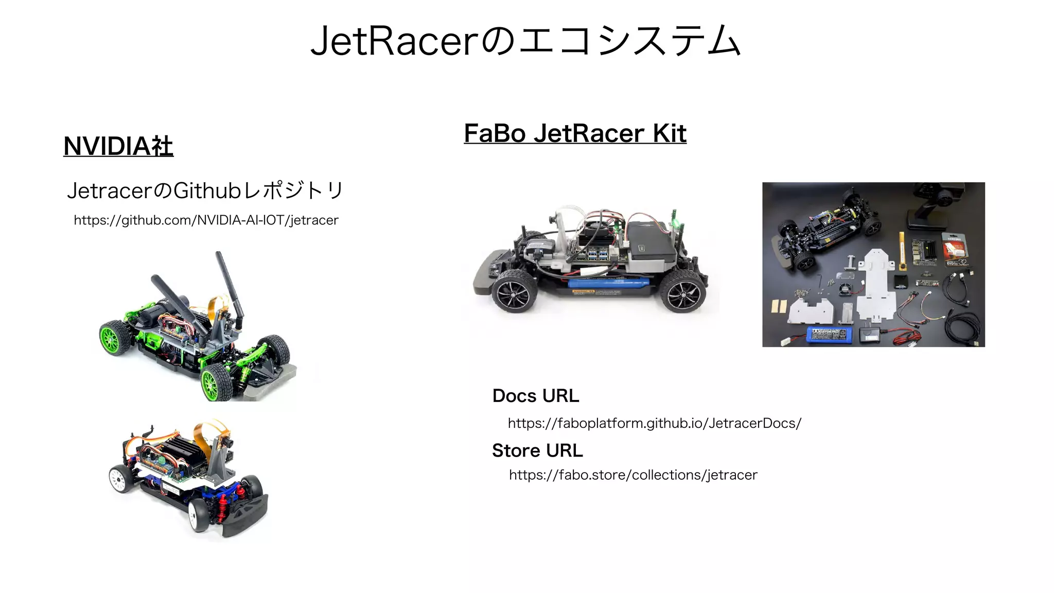 JetRacerのエコシステム
https://github.com/NVIDIA-AI-IOT/jetracer
JetracerのGithubレポジトリ
NVIDIA社
FaBo JetRacer Kit
https://faboplatform.github.io/JetracerDocs/
Docs URL
Store URL
https://fabo.store/collections/jetracer
 