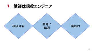 講師は現役エンジニア 
21
相談可能 
開発に 
精通 
実践的 
 