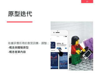 15
原型迭代
依據評價所得的意見回饋，調整：
-概念與體驗原型
-概念表單內容
 