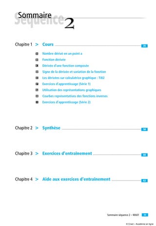 33Sommaire séquence 2 – MA01
Nombre dérivé en un point a
Fonction dérivée
Dérivée d’une fonction composée
Signe de la dérivée et variation de la fonction
Les dérivées sur calculatrice graphique : Ti82
Exercices d’apprentissage (Série 1)
Utilisation des représentations graphiques
Courbes représentatives des fonctions inverses
Exercices d’apprentissage (Série 2)
AA
ABB
AC
D
E
F
AG
H
I
Chapitre 1 > Cours ...............................................................................................................................................................................35
Chapitre 3 > Exercices d’entraînement .......................................................................................................60
Chapitre 4 > Aide aux exercices d’entraînement ....................................................................62
Chapitre 2 > Synthèse ..................................................................................................................................................................58
© Cned – Académie en ligne
 