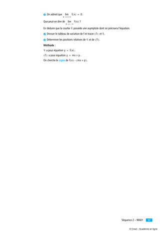 57Séquence 2 – MA01
» On admet que .
Que peut-on dire de ?
En déduire que la courbe Ꮿ possède une asymptote dont on précisera l’équation.
¿ Dresser le tableau de variation de f et tracer et Ꮿ.
´ Déterminer les positions relatives de Ꮿ et de .
Méthode :
Ꮿ a pour équation .
a pour équation .
On cherche le signe de .
f x( )
x + ∞→
lim 0=
f x( )
x ∞–→
lim
T( )
T( )
y f x( )=
T( ) y mx p+=
f x( ) mx p+( )–
© Cned – Académie en ligne
 