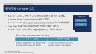 Collection
Collection
そもそも Collection とは
 モジュールやプラグインなどをまとめて配布する単位
 Ansible Galaxy や Automation Hub 経由で配布
 リポジトリは https://github.com/ansible-collections 配下や独自管理
 hoge.fuga のような形式の名前空間が設けられる
 含まれるモジュール類は hoge.fuga.piyo という形式（FQCN）
8
例: ansible.netcommon Collection
モジュール例 プラグイン例
ansible.necommon.cli_command
ansible.necommon.cli_config
ansible.necommon.network
ansible.necommon.ipaddr
※ FQCN: Fully Qualified Collection Name
※ Collection を取り巻く概要: https://github.com/ansible-collections/overview
モジュール
プラグイン
：
 