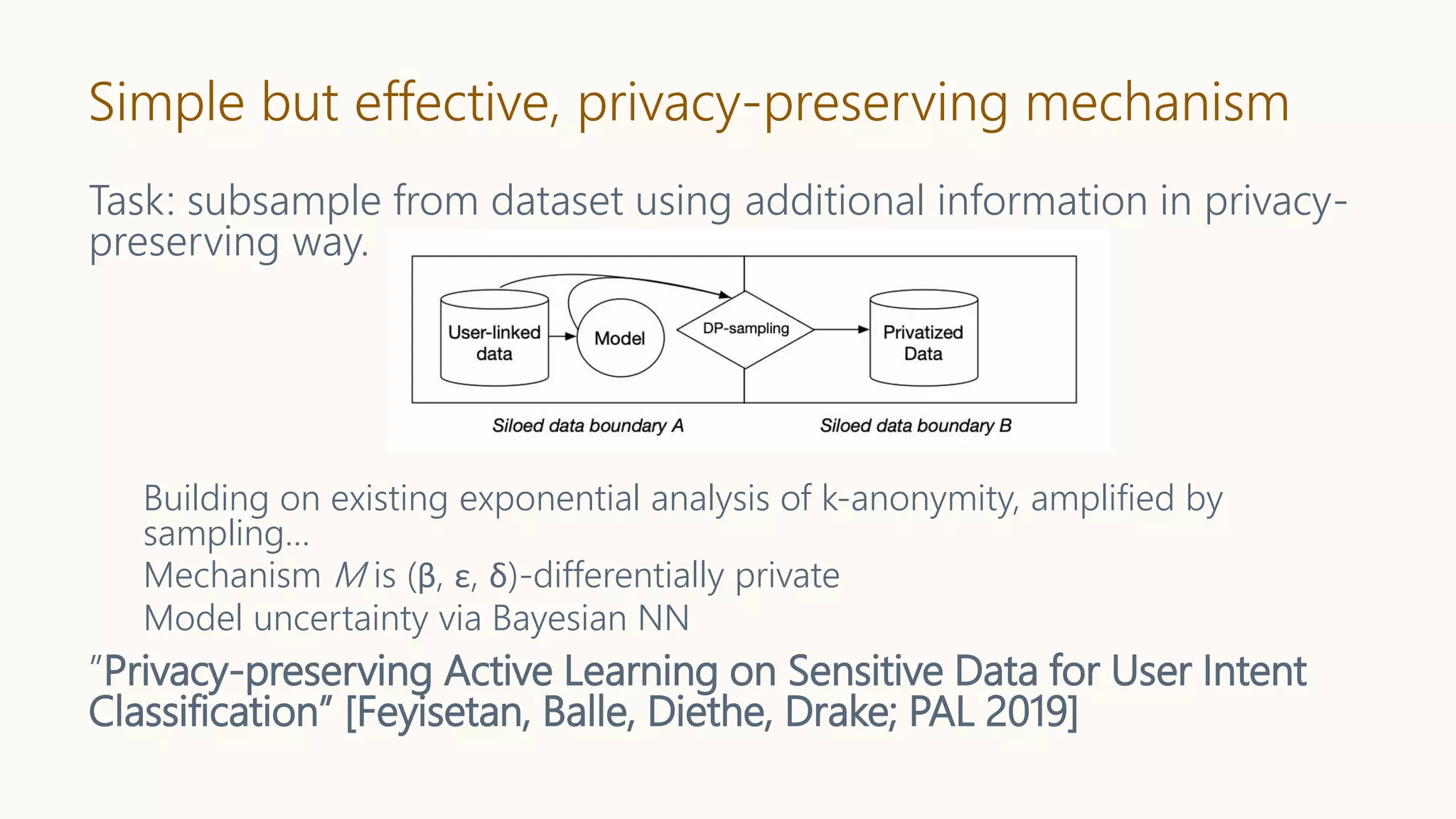 Simple but effective, privacy-preserving mechanism
Task: subsample from dataset using additional information in privacy-
preserving way.
Building on existing exponential analysis of k-anonymity, amplified by
sampling…
Mechanism M is (β, ε, δ)-differentially private
Model uncertainty via Bayesian NN
”Privacy-preserving Active Learning on Sensitive Data for User Intent
Classification” [Feyisetan, Balle, Diethe, Drake; PAL 2019]
 
