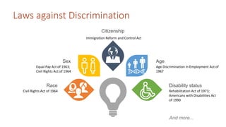 Laws against Discrimination
Immigration Reform and Control Act
Citizenship
Rehabilitation Act of 1973;
Americans with Disabilities Act
of 1990
Disability status
Civil Rights Act of 1964
Race
Age Discrimination in Employment Act of
1967
Age
Equal Pay Act of 1963;
Civil Rights Act of 1964
Sex
And more...
 