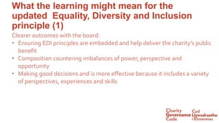 What the learning might mean for the
updated Equality, Diversity and Inclusion
principle (1)
Clearer outcomes with the board:
• Ensuring EDI principles are embedded and help deliver the charity’s public
benefit
• Composition countering imbalances of power, perspective and
opportunity
• Making good decisions and is more effective because it includes a variety
of perspectives, experiences and skills
 