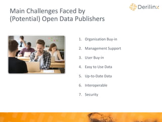Main Challenges Faced by
(Potential) Open Data Publishers
1. Organisation Buy-in
2. Management Support
3. User Buy-in
4. Easy to Use Data
5. Up-to-Date Data
6. Interoperable
7. Security
 