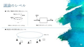 16
議論のレベル
作動のネットワーク
構成素
観察者
入力 出力
観察者
生物(オートポイエティック・システム) 機械(アロポイエティック・システム)
 生物／機械を単体で捉えるレベル
 創造性の時空間を捉えるレベル
社会レベル
 