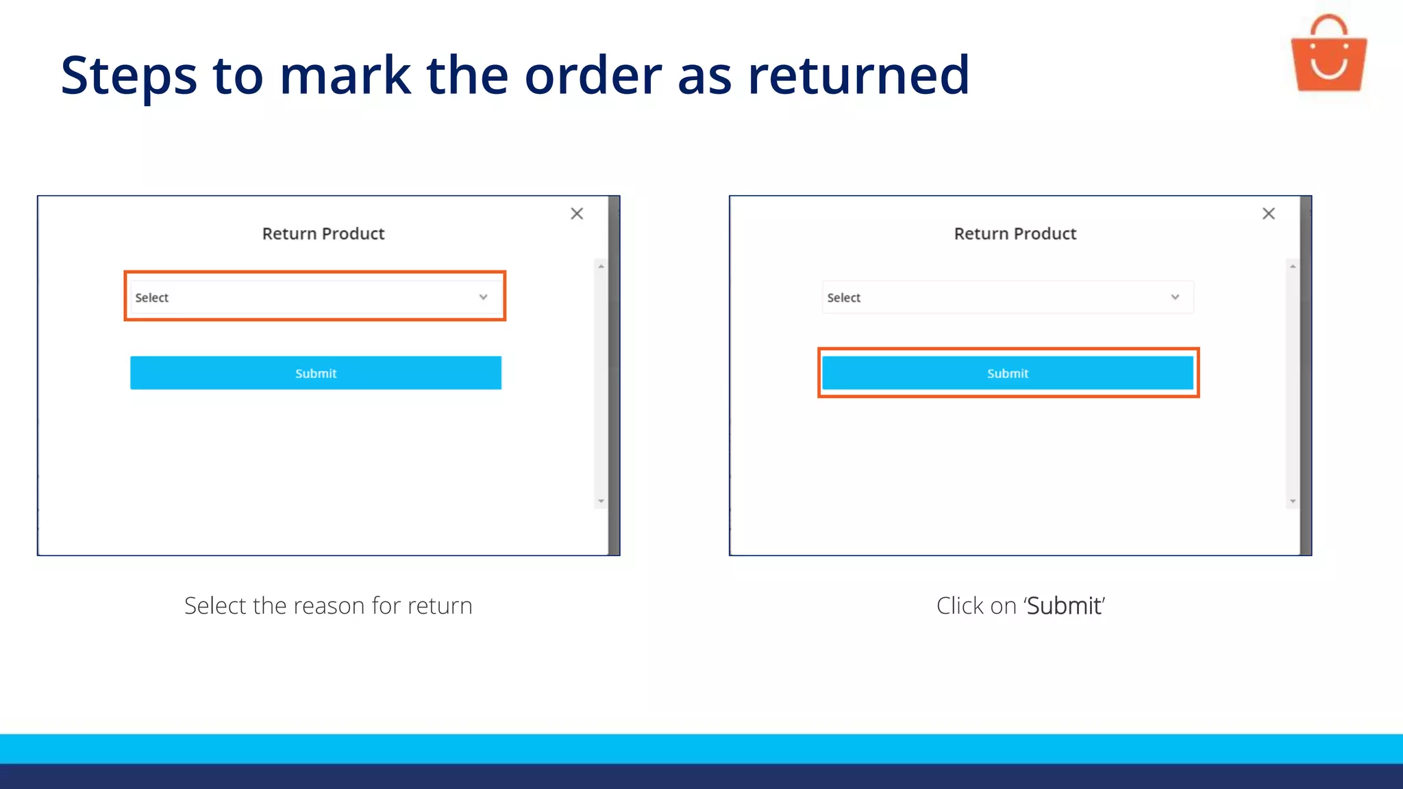 Steps to mark the order as returned
Select the reason for return Click on ‘Submit’
 