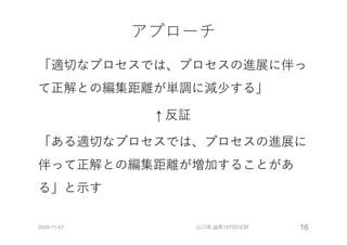 アプローチ
「適切なプロセスでは、プロセスの進展に伴っ
て正解との編集距離が単調に減少する」
↑ 反証
「ある適切なプロセスでは、プロセスの進展に
伴って正解との編集距離が増加することがあ
る」と⽰す
2020-11-07 山口琢 @第157回CE研 16
 
