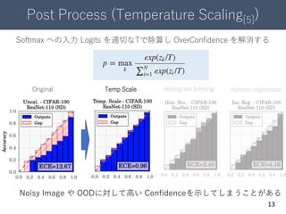 Post Process (Temperature Scaling[5])
13
Softmax への入力 Logits を適切なTで除算し OverConfidence を解消する
Original Temp Scale Histogram binning Isotonic regression
Noisy Image や OODに対して高い Confidenceを示してしまうことがある
 