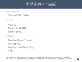 実験条件 (Image)
43
データセット
・SVHN, CIFAR10/100
モデル
・VGG-16
・PreAct-ResNet110
・DenseNet-BC
比較手法
・Baseline(Cross Entropy)
・MCDropout[6]
・Aleatoric + MCDropout[14]
・AES[15]
[14] Kendall et al., “What uncertainties do we need in bayesian deep learning for computer vision?”, NIPS, 2017
[15] Geifman et al., “BIAS-REDUCED UNCERTAINTY ESTIMATION FOR DEEP NEURAL CLASSIFIERS”, ICLR, 2019
 