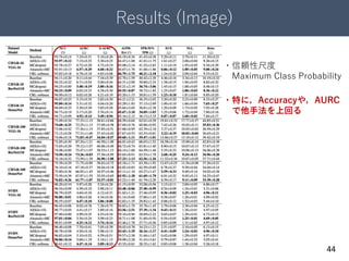 Results (Image)
44
・信頼性尺度
Maximum Class Probability
・特に，Accuracyや，AURC
で他手法を上回る
 