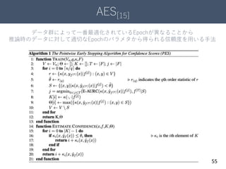 AES[15]
55
データ群によって一番最適化されているEpochが異なることから
推論時のデータに対して適切なEpochのパラメタから得られる信頼度を用いる手法
 