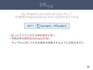 ERL[10]
56
NLL (Negative Log Likelihood) Lossに対して
予測結果のNegative Entropy を加える正則化を行う手法
・誤ったクラスに対する事後確率が高い
・予測分布の曖昧性(Entropy)が低い
サンプルに対して大きな損失が加算されるように正則化を行う
 