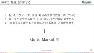 1. 狙ったセグメントで、価値・対価の交換が成立し続けている 
2. ループが成立する理由・心理・ロジックが説明可能である 
3. (事業見立てがある = 事業にとっても価値・対価が見合う) 
53
↓ 
Go to Market !!! 
PMFの「熱狂」を判断する 
 