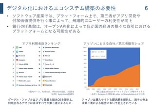 デジタル化におけるエコシステム構築の必要性 6
0%
10%
20%
30%
40%
50%
60%
70%
80%
90%
100%
1999 2001 2003 2005 2007 2009 2011 2013 2015 2017
自社による販売
第三者による販売
グーグル・アップルはアプリ基盤と端末OSを提供し、
利用されるアプリはほぼすべてが第三者によるもの
アマゾンは購入サイトと配送網を提供し、過半の売上
は第三者による販売において計上されている
アプリ利用者数ランキング アマゾンにおける自社／第三者販売シェア
• ソフトウェア産業では、プラットフォーム上で、第三者がアプリ開発や
付加価値提供を行う事によって、飛躍的にユーザーの利便性が向上
• 銀行のIT基盤は、オープンAPI化によって我が国の経済の様々な取引における
プラットフォームとなる可能性がある
*第三者はAmazonマーケットプレイス等のチャネル
（出所）Amazon社2018年Letter to Shareholdersより引用
*国内ベース、Android、 iPhoneの合計、2018年
（出所）App Annie社資料
 