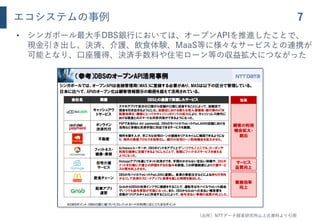 エコシステムの事例
（出所）NTTデータ経営研究所山上氏資料より引用
7
• シンガポール最大手DBS銀行においては、オープンAPIを推進したことで、
現金引き出し、決済、介護、飲食体験、MaaS等に様々なサービスとの連携が
可能となり、口座獲得、決済手数料や住宅ローン等の収益拡大につながった
 