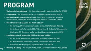 2
PROGRAM
• Welcome & Housekeeping | Mr Ruben Langbroek, Head of Asia Pacific, GRESB
• Introduction | Mr Benjamin McCarron, Lead Representative Asia, GRESB
• GRESB Infrastructure Results & Trends | Ms Cathy Granneman, Associate
Infrastructure, GRESB; Mr Ruben Langbroek, Head of Asia Pacific, GRESB
• Panel Discussion 1: ESG and the Asian recovery
• Ms Iris Pang, Chief Economist, Greater China, ING Wholesale Banking
• Mr Anthony Muh, Partner & CEO, HRL Morrison & Co Capital Management
• Moderator: Mr Benjamin McCarron, Lead Representative Asia, GRESB
• Panel Discussion 2: Integrating ESG into decision making
• Mr Jon Waite, Responsible Investment Manager, Asia Pacific, APG
• Mr Henri Boullier de Branche, Senior Environment Specialist, AIIB
• Moderator: Ms Xinying Tok, Representative Asia, GRESB
• Wrap-up & Closing | Mr Benjamin McCarron, Lead Representative Asia, GRESB
 