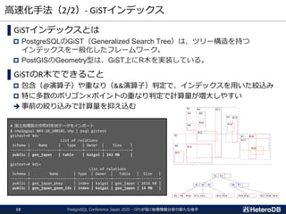 高速化手法（2/2）- GiSTインデックス
PostgreSQL Conference Japan 2020 - GPUが拓く地理情報分析の新たな地平10
▌GiSTインデックスとは
 PostgreSQLのGiST（Generalized Search Tree）は、ツリー構造を持つ
インデックスを一般化したフレームワーク。
 PostGISのGeometry型は、GiST上にR木を実装している。
▌GiSTのR木でできること
 包含（@演算子）や重なり（&&演算子）判定で、インデックスを用いた絞込み
 特に多数のポリゴン×ポイントの重なり判定で計算量が増大しやすい
➔ 事前の絞り込みで計算量を抑え込む
# 国土地理院の市町村形状データをインポート
$ shp2pgsql N03-20_200101.shp | psql gistest
gistest=# ¥d+
List of relations
Schema | Name | Type | Owner | Size |
--------+-------------+----------+--------+------------+
public | geo_japan | table | kaigai | 243 MB |
gistest=# ¥di+
List of relations
Schema | Name | Type | Owner | Table | Size |
--------+--------------------+-------+--------+-----------+---------+
public | geo_japan_pkey | index | kaigai | geo_japan | 2616 kB |
public | geo_japan_geom_idx | index | kaigai | geo_japan | 14 MB |
 