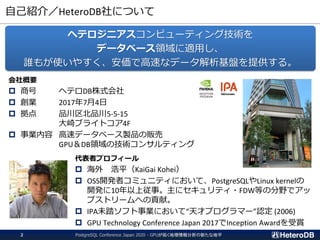 自己紹介／HeteroDB社について
PostgreSQL Conference Japan 2020 - GPUが拓く地理情報分析の新たな地平2
会社概要
 商号 ヘテロDB株式会社
 創業 2017年7月4日
 拠点 品川区北品川5-...