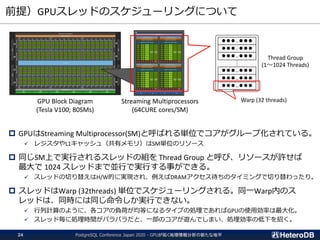 前提）GPUスレッドのスケジューリングについて
PostgreSQL Conference Japan 2020 - GPUが拓く地理情報分析の新たな地平24
 GPUはStreaming Multiprocessor(SM)と呼ばれる単位でコアがグループ化されている。
✓ レジスタやL1キャッシュ（共有メモリ）はSM単位のリソース
 同じSM上で実行されるスレッドの組を Thread Group と呼び、リソースが許せば
最大で 1024 スレッドまで並行で実行する事ができる。
✓ スレッドの切り替えはH/W的に実現され、例えばDRAMアクセス待ちのタイミングで切り替わったり。
 スレッドはWarp (32threads) 単位でスケジューリングされる。同一Warp内のス
レッドは、同時には同じ命令しか実行できない。
✓ 行列計算のように、各コアの負荷が均等になるタイプの処理であればGPUの使用効率は最大化。
✓ スレッド毎に処理時間がバラバラだと、一部のコアが遊んでしまい、処理効率の低下を招く。
GPU Block Diagram
(Tesla V100; 80SMs)
Streaming Multiprocessors
(64CURE cores/SM)
●●●…●●●
●●●…●●●
●●●…●●●
●●●…●●●
●●●…●●●
●●●…●●●
Thread Group
(1～1024 Threads)
Warp (32 threads)
 